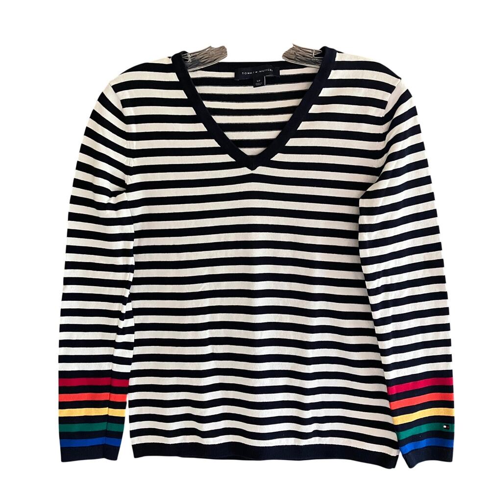 Tommy Hilfiger Striped Sweater Cotton V-Neck Beachy Preppy Rainbow S